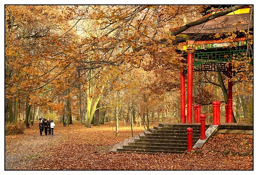 Kalisz - spacerowcze na alejkach w Parku Miejskim, w tle Pagoda