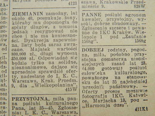 Ogoszenia w rubryce Matrymonialne w Ilustrowanym Kuryerze Codziennym z 8 marca 1937 r.