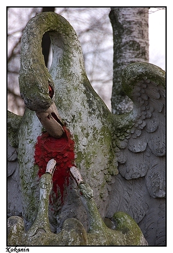 Kokanin - cmentarz parafialny, pelikan karmiący krwią ze swej piersi troje piskląt