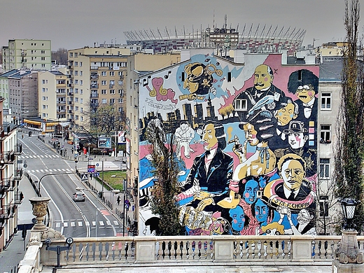 Warszawa. Muzeum Fryderyka Chopina w Paacu Ostrogskich. Widok z okna na mural i Stadion Narodowy.