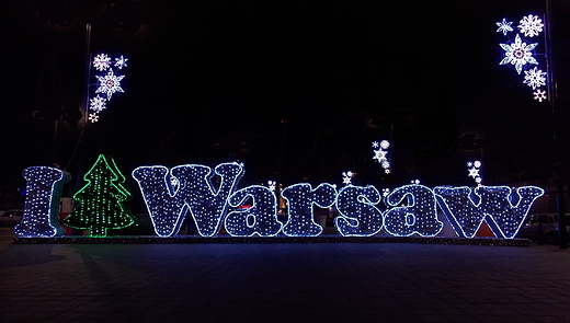 Warszawa ju witeczna. Iluminacja na Pl. Powstacw Warszawy.