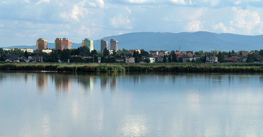 Czechowice-Dziedzice. Panorama miasta znad staww hodowlanych.