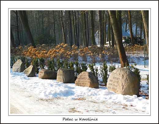 Paac w Karolinie. Kamienie przed paacem z nazwami krajw, w ktrych wystpowa zesp Mazowsze