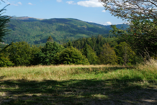 Panorama Beskidu lskiego z polany przed Trzema Kopcami Wilaskimi.