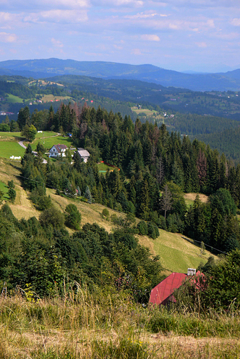 Widok z Ochodzitej na Beskidy.