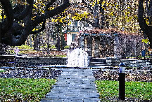 Zamek w  ywcu - park zamkowy - fontanna z pergol