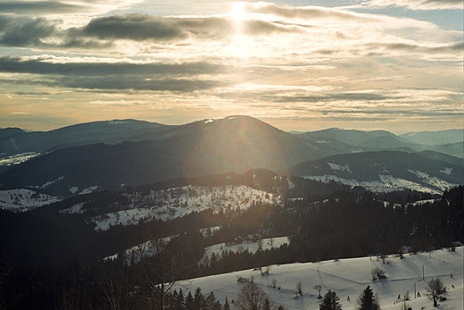 Widok z przysika Zapolanka, na stokach Redykalnego Wierchu na Muc (1165 n.p.m.) i Maa Rycerzow (1207 n.p.m. ) - w gbi z lewej strony. Beskid ywiecki