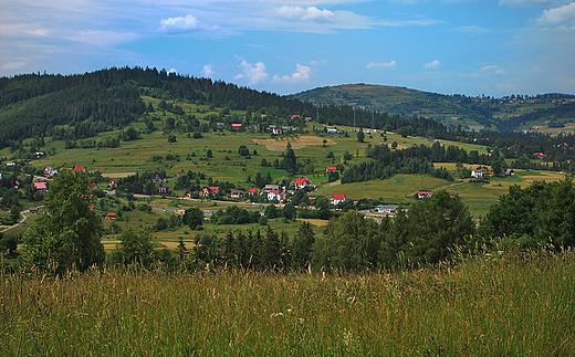 Widok na Ochodzitą (po prawej) ze stoku Beskidka w górnej części Zwardonia.