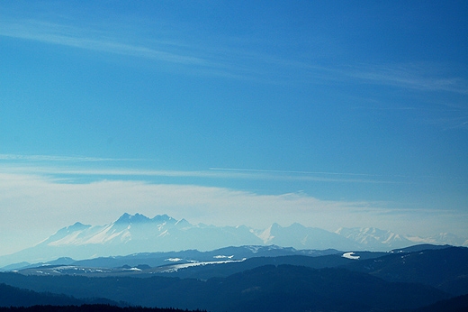 Widok Tatr z Bacwki nad Wierchoml. Beskid Sdecki