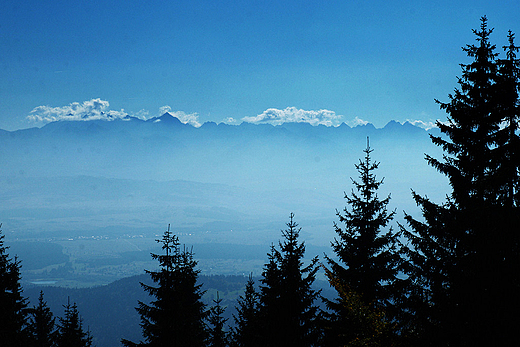 widok w chmurach na Tatry z Turbacza