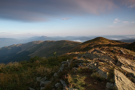 Bieszczadzkie budzenie. Panorama na Szeroki Wierch z Tarnicy