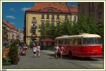 Kalisz - zabytkowy autobus wycieczkowy SAN H100B na rynku przed ratuszem