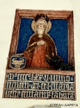 Tablica fundacyjna wmurowana w ścianę ponad portalem. Jest to patronka kościoła św.Małgorzata trzymająca rękę na tarczy z herbem Wieniawa przedstawiająca głowę żubra.